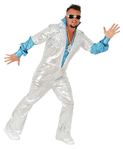 Foxxeo weißer 70er Jahre Disco Anzug für Herren Karneval Fasching Party Jumpsuit weiß türkis Größe L von Foxxeo