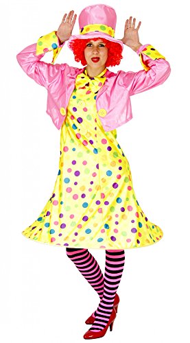 Foxxeo Lustiges gelbes Clown Kostüm mit bunten Punkten für Damen Fasching Karneval Set bestehend aus KleidJackeHutStrumpfhoseFliege GröÃŸe L von Foxxeo