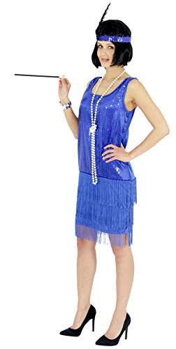 Foxxeo 40206 |20er Jahre Damen Kleid Charleston Kostüm Mafia 20s Flapper blau, Größe:L von Foxxeo