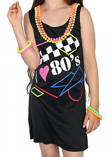 Foxxeo 40218I Damenkleid I Love The 80er Jahre Neon Teens Kostüm Festival Fasching Flower Power Hippie Gr. S - XXL, Größe:L von Foxxeo