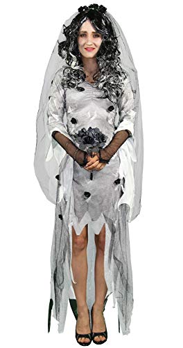 Foxxeo Gothik Geister Braut Damen Kostüm mit Schleier und Brautstrauß weißes Zombie Kleid Gotic Halloween Fasching Karneval Größe S von Foxxeo