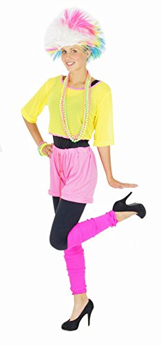 Foxxeo 80er Jahre Aerobic Kostüm für Damen Karneval Fasching Neon Party Netzshirt Größe S von Foxxeo