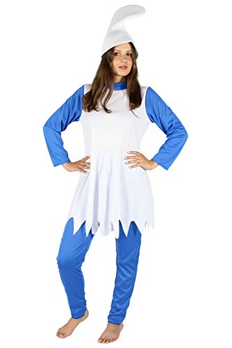 Foxxeo blaue Zwergin Kostüm für Damen Karneval Fasching Märchen blau weiße Mütze Größe XL von Foxxeo