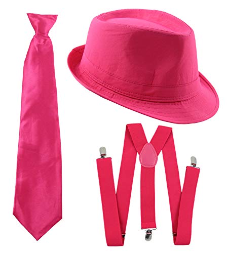 Foxxeo Gangster Kostüm Set für Damen & Herren I Hut - Hosenträger - Krawatte I Pink I 1920er Mafia Accessoire Outfit von Foxxeo