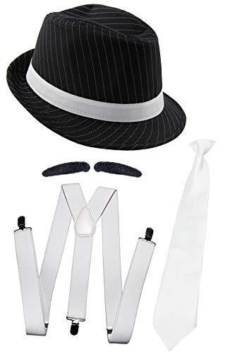 Foxxeo - Gangster Set für Erwachsene: Hosenträger, Krawatte, Hut, Bart - Karneval, Partygänger, Kostüm von Foxxeo