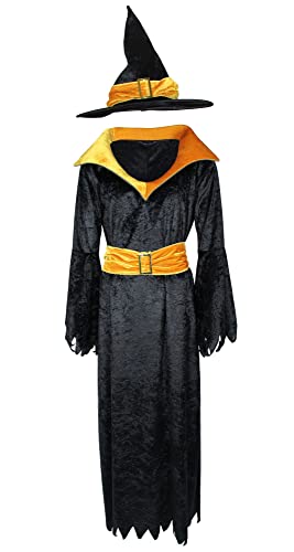 Foxxeo gold schwarzes Hexen Kostüm mit Hexenhut für Damen - Größe M-XXXXL - Fasching Karneval Halloween, Größe:M von Foxxeo
