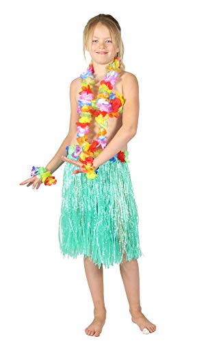 Foxxeo Hawaii Set für Kinder 5 Teile türkis Hula Blumen Kette Party Bast Rock Strand von Foxxeo