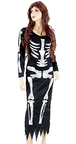 Foxxeo Langes schwarzes Skelett Kleid für Damen - Größe S-XXL - Kostüm Halloween Fasching Karneval Größe XL von Foxxeo