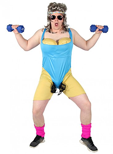 Foxxeo Lustiges Workout Arobic Kostüm mit XXL Busen und Stirnband für Männer I 80er 90er Jahre Bodysuit Herrenkostüm Junggesellenabschied Faschingskostüme Größe XXL von Foxxeo