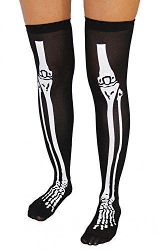 Foxxeo Schwarze Strümpfe mit Knochen Print für Halloween Fasching Damen Karneval Skelett Overknees von Foxxeo