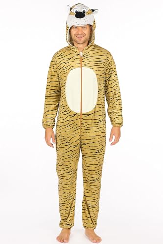 Foxxeo Tiger Kostüm für Erwachsene – Tierkostüm Jumpsuit mit Kapuze & Schwanz – Unisex Einteiler für Fasching, Karneval, Mottoparty, Größe:M von Foxxeo