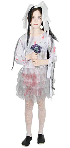 Foxxeo blutige Zombie Braut Kostüm für Kinder - Größe 122 bis 176 - weißes Brautkleid für Mädchen zu Halloween Kleid Größe 134-140 von Foxxeo