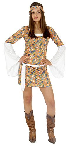 Foxxeo buntes 60er 70er Jahre Hippie Blumen Kleid mit Haarband für Damen sexy Karneval Fasching Kostüm Party Größe L von Foxxeo