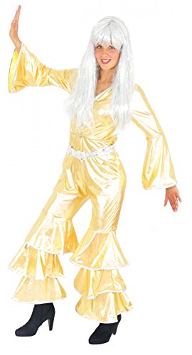 Foxxeo goldenes 70er Jahre Disco Kostüm für Damen Karneval Fasching Party gold Overall Jumpsuit Größe M von Foxxeo