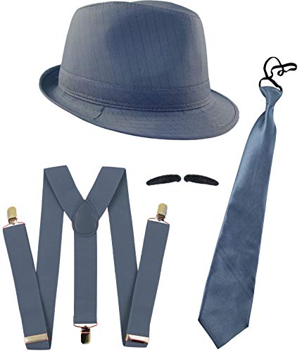 Foxxeo graues Gangster Kostüm Set - Hosenträger Krawatte Hut Bart - für Herren Fasching Karneval Mafia von Foxxeo