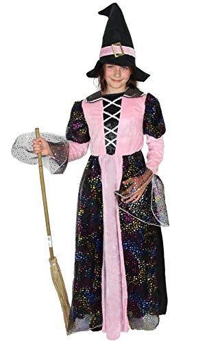 Foxxeo langes glitzerndes Hexen Kostüm mit Hexenhut für Mädchen Fasching Karneval Halloween schwarz rosa Größe 146-152 von Foxxeo