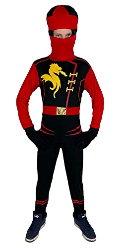 Foxxeo rotes Drachen Ninja Kostüm für Kinder - GröÃŸe 110-152 - roter Ninja Kämpfer für Jungen Fasching Karneval, GröÃŸe:134/140 von Foxxeo