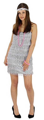 Foxxeo silbernes 20er Jahre Fransen-Kleid für Damen Elegantes Charleston Kostüm Silber zu Fasching und Karneval Größe XS von Foxxeo