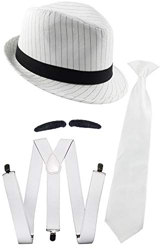 Foxxeo weißes Gangster Kostüm Set für Herren - Hosenträger Krawatte Hut Bart - Fasching Karneval Mafia Motto Party von Foxxeo