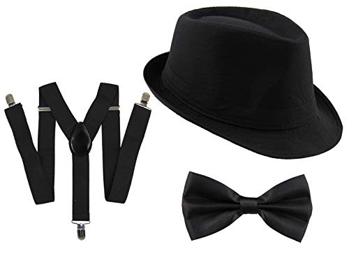 Gangster Kostüm Set für Damen & Herren I Hut - Hosenträger - Fliege I Schwarz I 1920er Mafia Accessoire Outfit von Foxxeo