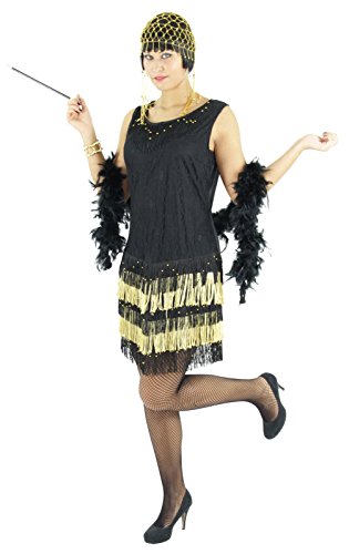 Schwarz goldenes 20er Jahre Kleid mit Fransen für Damen Elegantes Charleston Kostüm zu Fasching und Karneval Größe S von Foxxeo