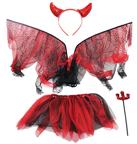 Teufel Set für Kinder Halloween Horror Party Hölle rot schwarz Hörner gruselig Tutu Flügel Hörner Mädchen von Foxxeo