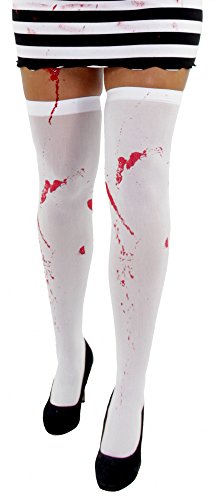 weiße Strümpfe mit Blut Flecken für Halloween Krankenschwester Kostüm Zombie Cosplay Fasching Damen Karneval Overknees von Foxxeo