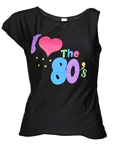 schwarzes 80er Jahre Neon Shirt für Damen Fasching Karneval Kostüm Größe S-XXL, Größe:L von Foxxeo