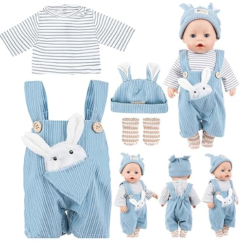Foydream Puppenkleidung, 4 Stück Kleidung Bekleidung für Baby Puppen mit Blaue Kaninchenrägerhose, Bluse, Hut und Socken für 38–45 cm Puppenkleidung Zubehör (Keine Puppe) von Foydream
