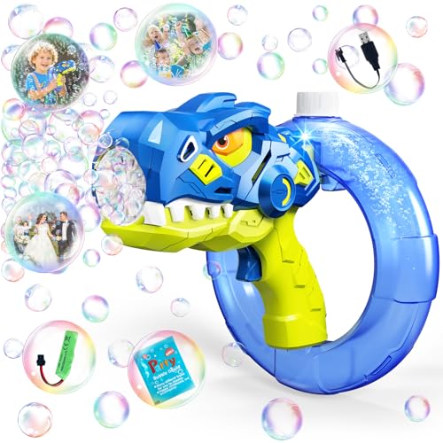 Dinosaurier Bubble Pistole, wiederaufladbar | Seifenblasenmaschine für Kinder 3-7 Jahre | Spielzeug für den Außenbereich | Blasengebläse | Geschenk zum Geburtstag, Hochzeit und Partys für Kinder von Fozcmisw