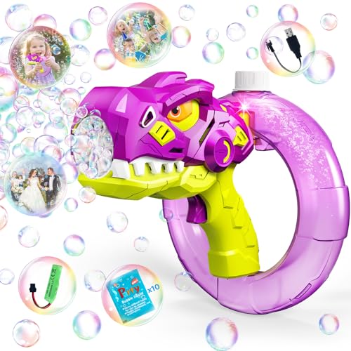 Dinosaurier Seifenblasenpistole, wiederaufladbar | Seifenblasenmaschine für Kinder 3 – 7 Jahre | Spielzeug für den Außenbereich | Geschenk für Geburtstag, Hochzeit und Partys für Kinder (lila) von Fozcmisw
