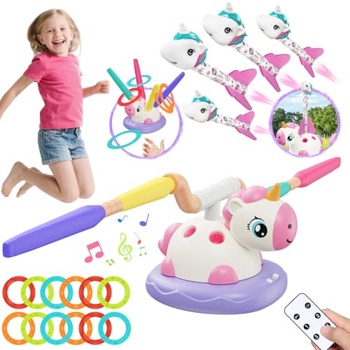 Einhorn 3 in 1 Bewegungsspiel für Kinder ab 3 Jahre: Raketenstarterspiel (18m Fuß Flug), Musik-Springspiel mit Fernbedienung & Ringwurf mit 12 Ringen, Outdoor Kinderspielzeug in Tragegriff Geschenkbox von Fozcmisw