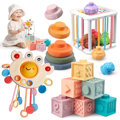 Fozcmisw Montessori Spielzeug für Baby, 4 in 1 Sensorisches Baby Spielzeug Motorikspielzeug- Montessori Zugschnur, Stapelwürfel, Stapelringe, Babywürfel Spielzeug Fozcmisw Montessori Spielzeug für Baby, 4 in 1 Sensorisches Baby Spielzeug Motorikspielzeug- Montessori Zugschnur, Stapelwürfel, Stapelringe, Babywürfel Spielzeug von Fozcmisw