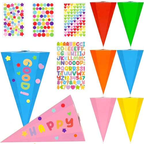 6 Stück Schultüte Klein, Geschwister Schultüte 24.5cm, Mini Schultüten zum Befüllen mit 4 Bunte Aufkleber, Mini Schultüte für die Einschulung zum Schulanfang, Zuckertüte Klein für Mädchen Party von Fractoluxe