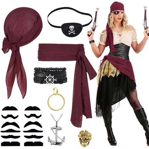 Fractoluxe 8 Stück Piratenkostüm Damen, Piraten Kostüm Zubehör, Piraten Kopftuch, Augenklappe, Piraten Ohrringe, Skelett-Ring, Seeräuberbart Piraten Accessoires für Halloween karneval kostüme Fractoluxe 8 Stück Piratenkostüm Damen, Piraten Kostüm Zubehör, Piraten Kopftuch, Augenklappe, Piraten Ohrringe, Skelett-Ring, Seeräuberbart Piraten Accessoires für Halloween karneval kostüme von Fractoluxe