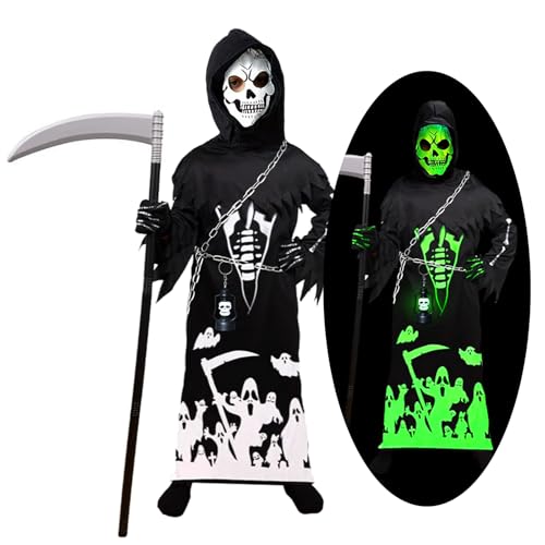 Fractoluxe Sensenmann Kostüm Kinder Halloween Kostüm Jungen | Leuchtet in der Nacht | Gruselig Grim Reaper Costume mit Taillenkette & Sichel für Halloween Karneval Fancy Dress Cosplay Fractoluxe Sensenmann Kostüm Kinder Halloween Kostüm Jungen | Leuchtet in der Nacht | Gruselig Grim Reaper Costume mit Taillenkette & Sichel für Halloween Karneval Fancy Dress Cosplay von Fractoluxe