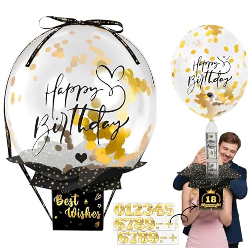 Geldgeschenke Geburtstag Überraschungsbox mit Luftballons, Pull Geld Ballon Box für Geldgeschenke, Geldgeschenk Ballon, Geburtstag Geldgeschenk Verpackung für Familie und Freunde (Schwarzgold) von Fractoluxe