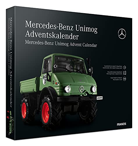 FRANZIS 55406 - Mercedes-Benz Unimog Adventskalender grün, Metall Modellbausatz im Maßstab 1:43, inkl. Soundmodul und 52-seitigem Begleitbuch von Franzis