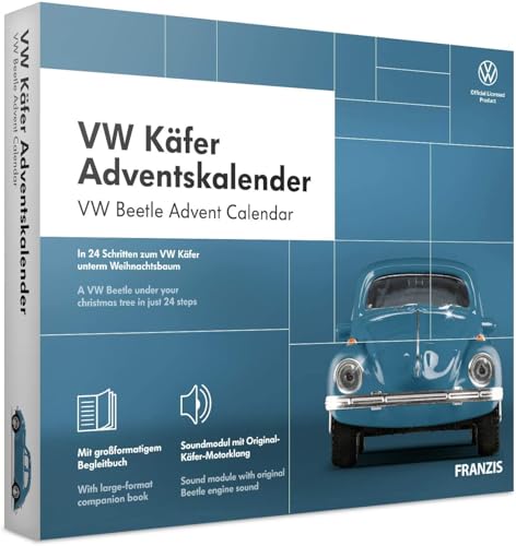 FRANZIS 67098 - VW Käfer Adventskalender, Metall Modellbausatz im Maßstab 1:43, inkl. Soundmodul und 52-seitigem Begleitbuch von Franzis