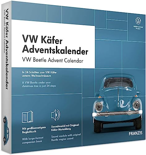 FRANZIS 67098 - VW Käfer Adventskalender, Metall Modellbausatz im Maßstab 1:43, inkl. Soundmodul und 52-seitigem Begleitbuch von Franzis