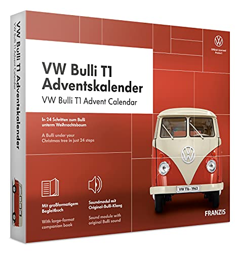FRANZIS 67111 - VW Bulli T1 Adventskalender 2020, Modellbausatz im Maßstab 1:43, inkl. Soundmodul und 52-seitigem Begleitbuch von Franzis
