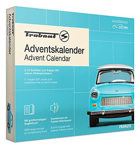 FRANZIS 67115 - Trabant Adventskalender, Metall Modellbausatz im Maßstab 1:43, inkl. Soundmodul und 52-seitigem Begleitbuch von Franzis
