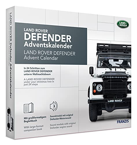 FRANZIS 67155 - Land Rover Defender Adventskalender, Metall Modellbausatz im Maßstab 1:43, inkl. Soundmodul und 50-seitigem Begleitbuch von Franzis