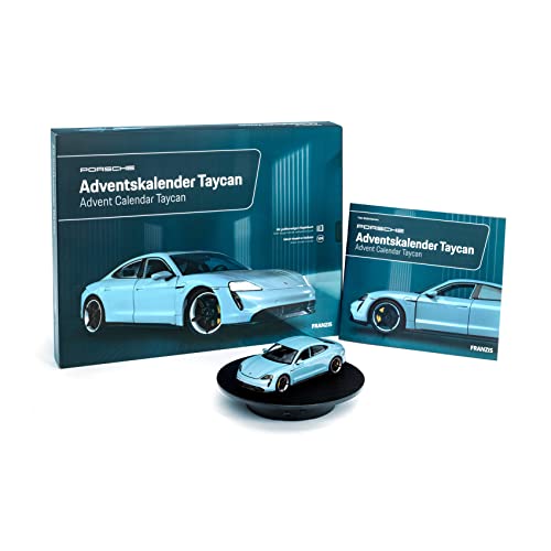 FRANZIS 67203 - Porsche Taycan Adventskalender frozen blue, Metall Modellbausatz im Maßstab 1:24, inkl. LED-Showroom-Beleuchtung und 52-seitigem Begleitbuch von Franzis