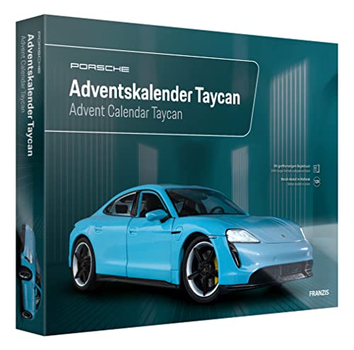 FRANZIS 67203 - Porsche Taycan Adventskalender frozen blue, Metall Modellbausatz im Maßstab 1:24, inkl. LED-Showroom-Beleuchtung und 52-seitigem Begleitbuch von Franzis