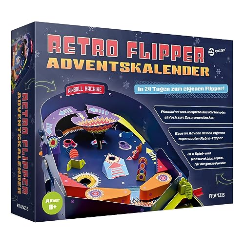FRANZIS 67210 - Retro Flipper Adventskalender, In 24 Tagen zum eigenen, voll funktionsfähigen Flipper-Automaten, plastikfrei, für Kinder ab 8 Jahren von Franzis