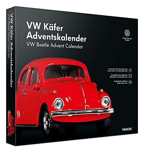 FRANZIS 55255 - VW Käfer Adventskalender rot, Metall Modellbausatz im Maßstab 1:43, inkl. Soundmodul und 52-seitigem Begleitbuch von Franzis