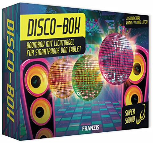 Franzis 67082 Disco-Box Bausatz ohne Löten, Boombox mit Verstärker und Lichtorgel für Zuhause, einfach an Smartphone oder Tablet anschließen Inkl. Platine, LEDs, Lautsprecher usw, Grey von Franzis