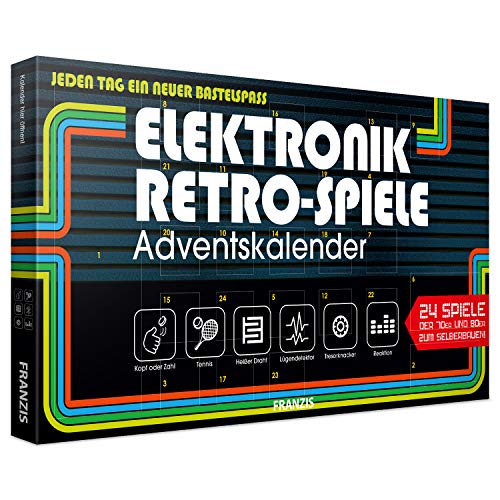 Franzis 67083 Elektronik Retro Spiele Adventskalender 2019 | 24 Spiele der 70er und 80er zum Selberbauen ohne Löten | Jeden Tag ein neuer Bastelspaß | Ab 14 Jahren von Franzis