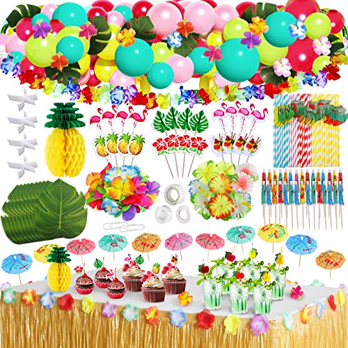 Frasheng 159 Stück Hawaii Party Dekoration Set,Hawaii Luau Tischröcke,Hawaiian Party,Hawaii Deko,Hawaii Kette Blumen Kuchendeckel Papier Strohhalme und 3D Frucht für Sommer Party Dekoration von Frasheng